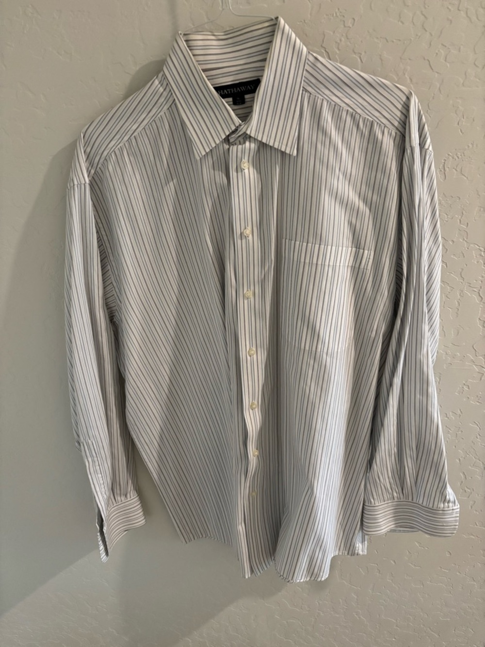 Men's White Dress Shirt with Thin Navy & Gray Stripes - Hathaway